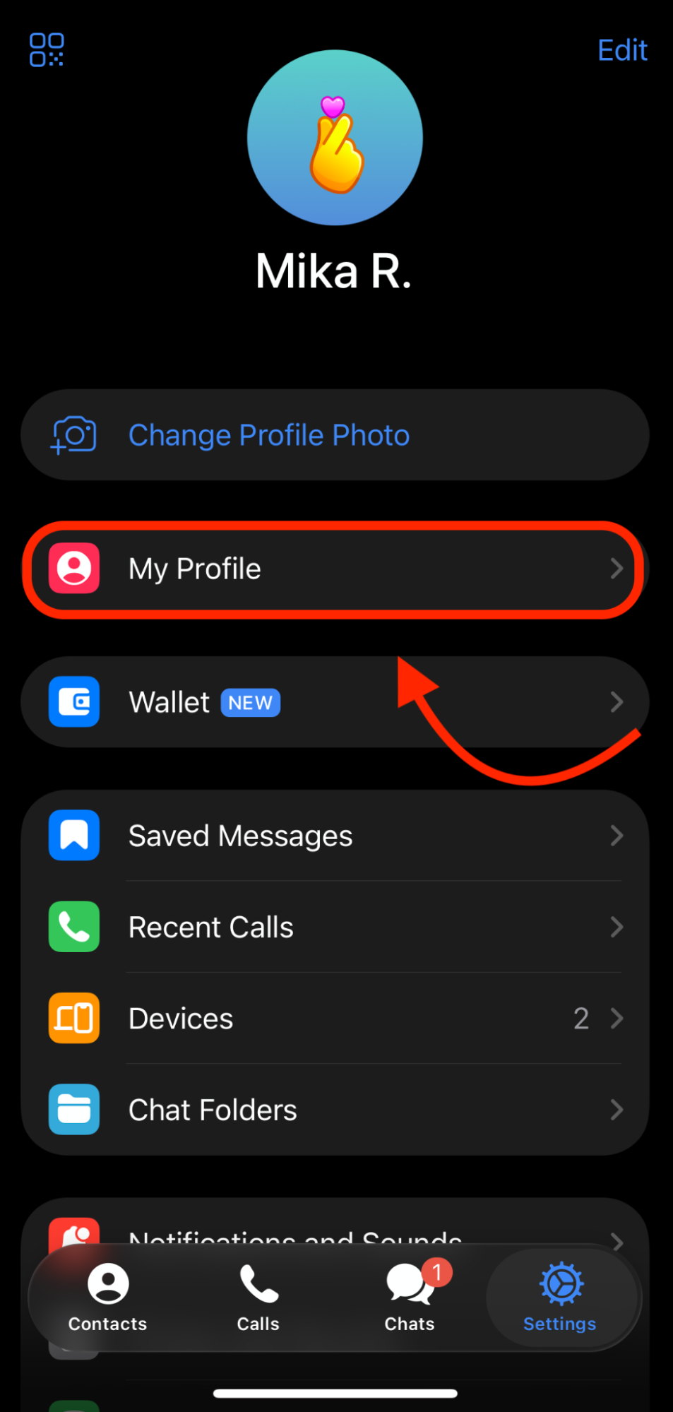 telegram mobile app my profile button